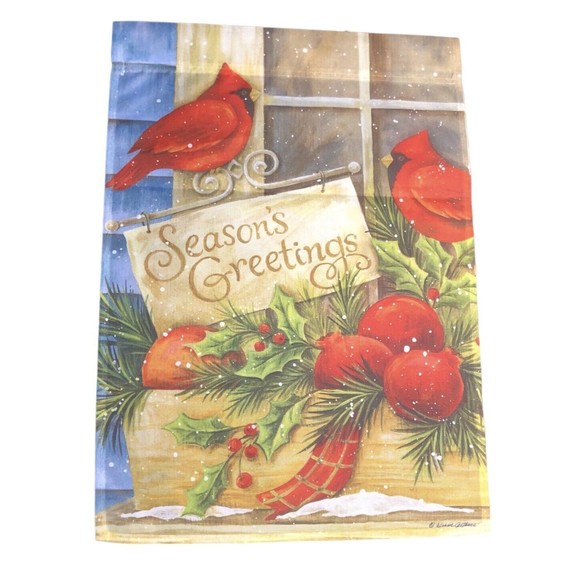 SEASON'S GREETINGS CHRISTMAS GARDEN FLAG SUEDE 12.5" x 18" CARDINAL - Picture 8 of 9